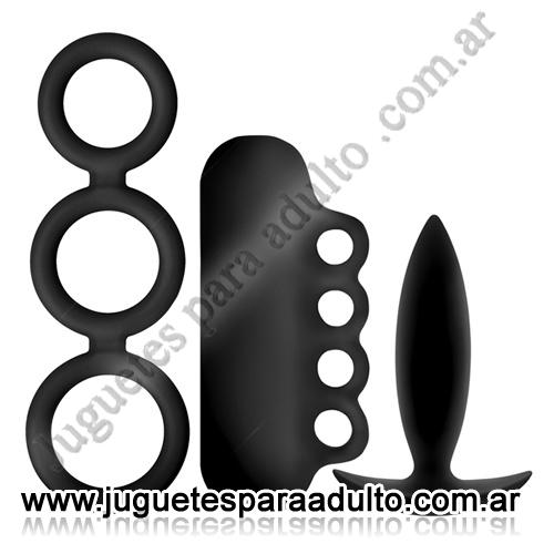 ESPECIFICOS, Anillos sin vibrador, Kit x3 - Anillos, masturbador y plug anal en negro Especificos, Anillos sin vibrador, Kit x3 - Anillos, masturbador y plug anal en negro